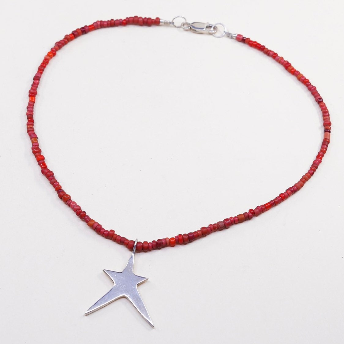 17”, RLA Native American necklace heishi coral beads W sterling 925 silver star