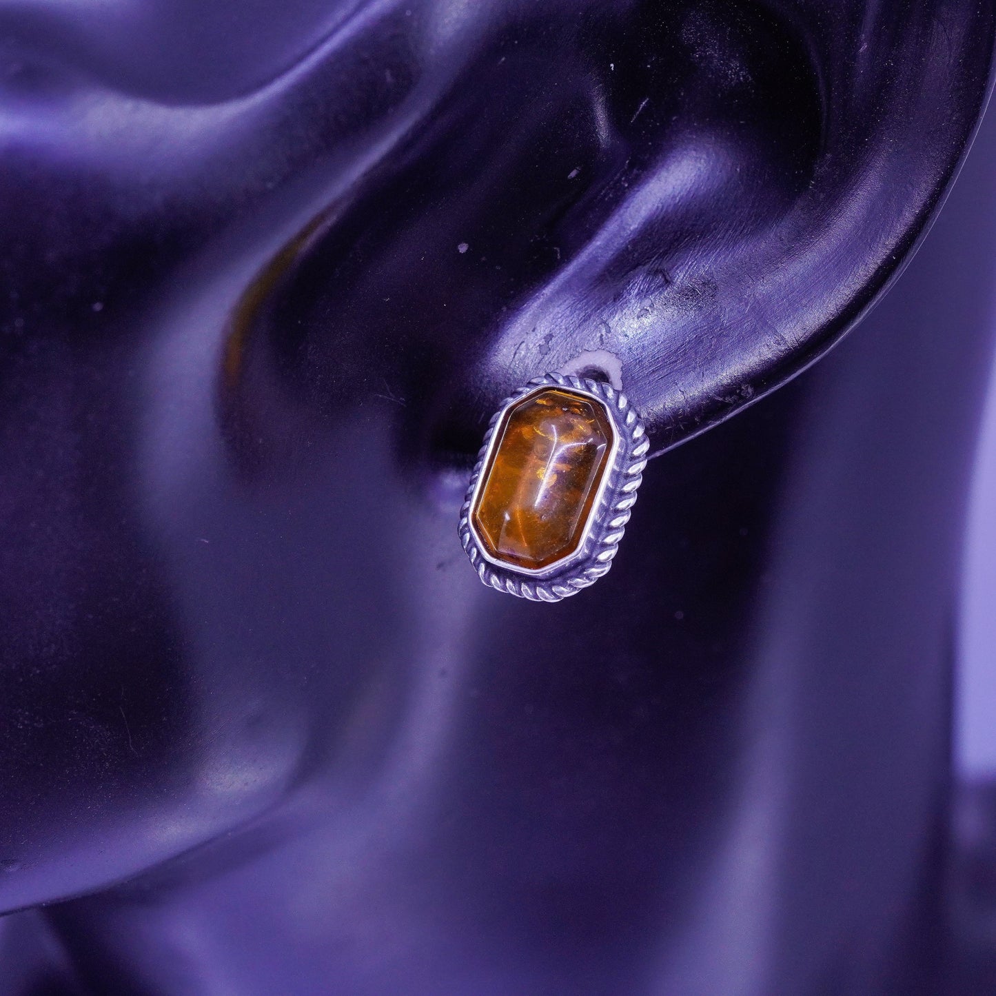 Vintage Sterling 925 silver earrings, studs with Amber and cable around