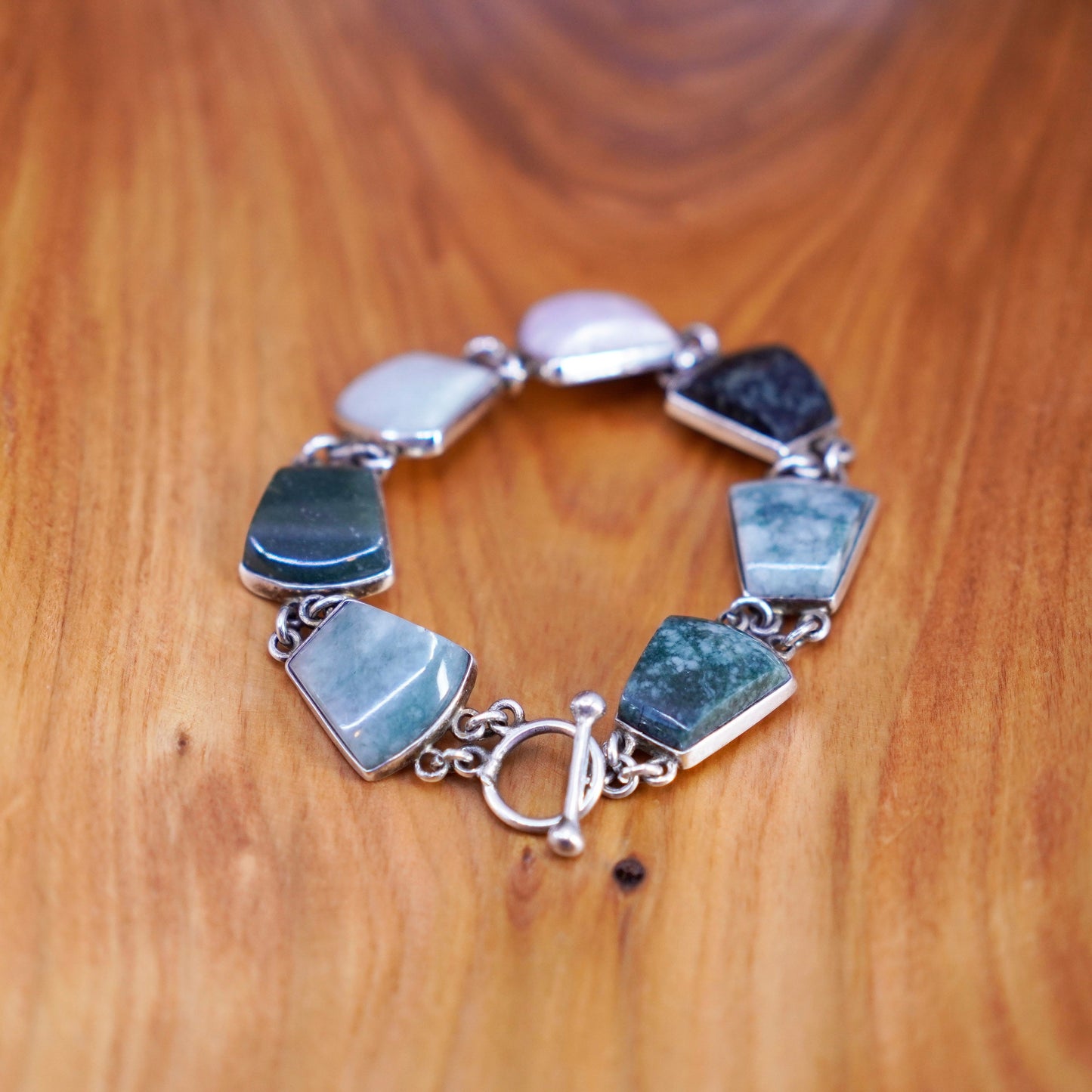 7”, vintage Sterling 925 silver handmade bracelet with various jade carnelian