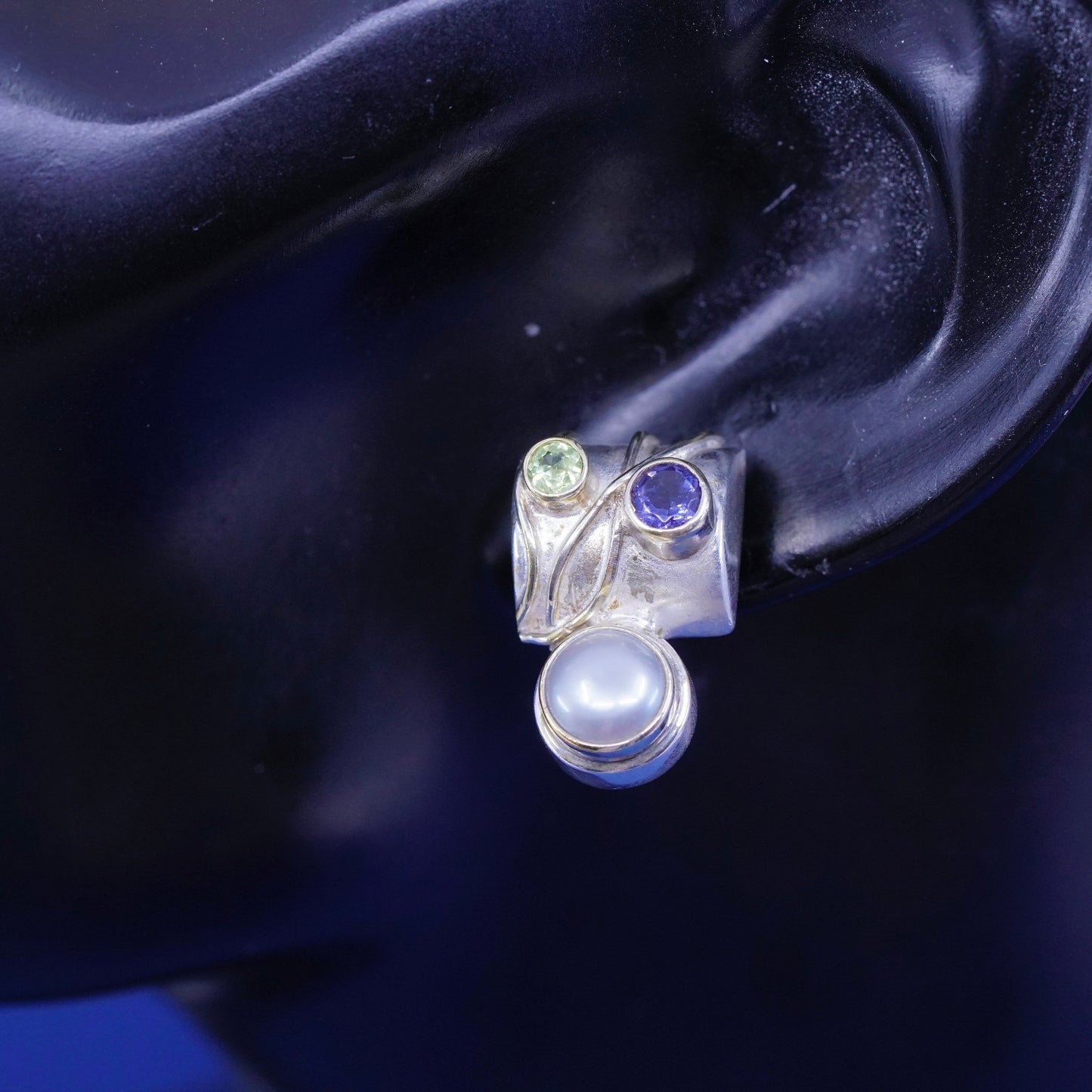 EP sterling silver handmade earrings, 925 studs with peridot amethyst and pearl