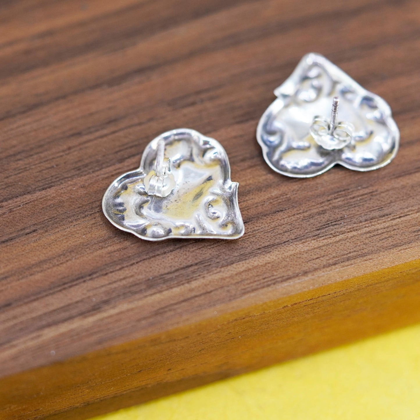 Vintage Sterling silver handmade earrings, textured 925 heart studs
