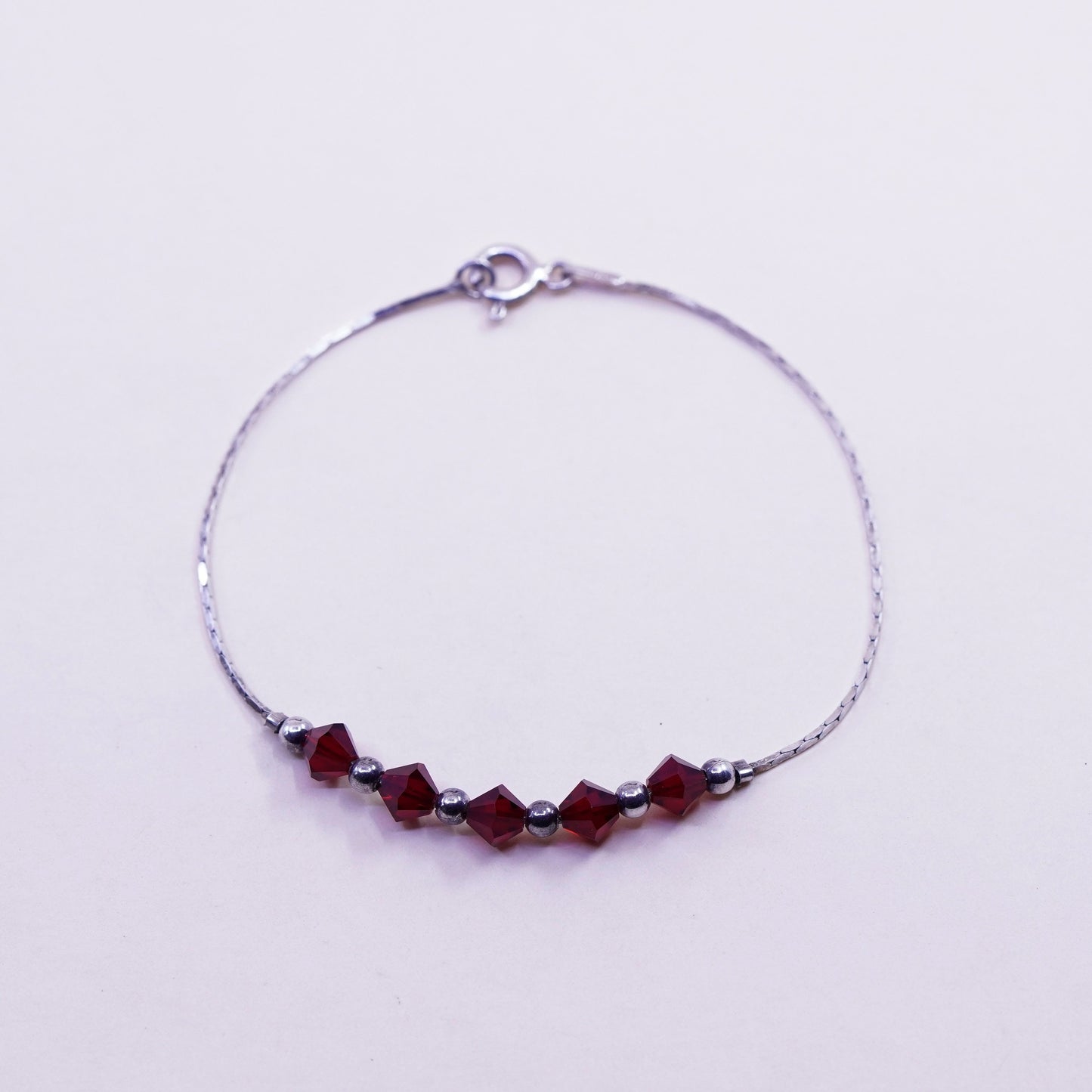6.75”, Vintage sterling silver snake bracelet, 925 chain with ruby beads