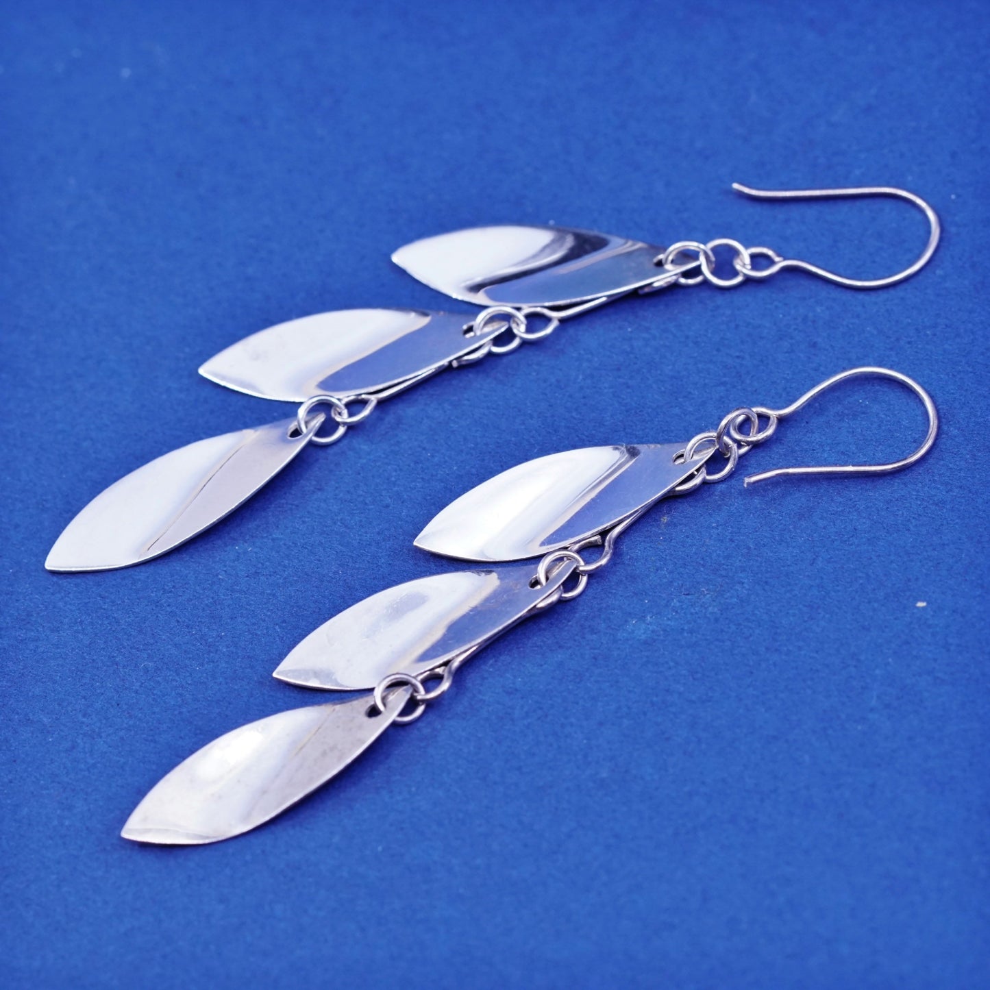 Vintage modern Sterling Silver long Earrings. 925 Marquise shaped dangle