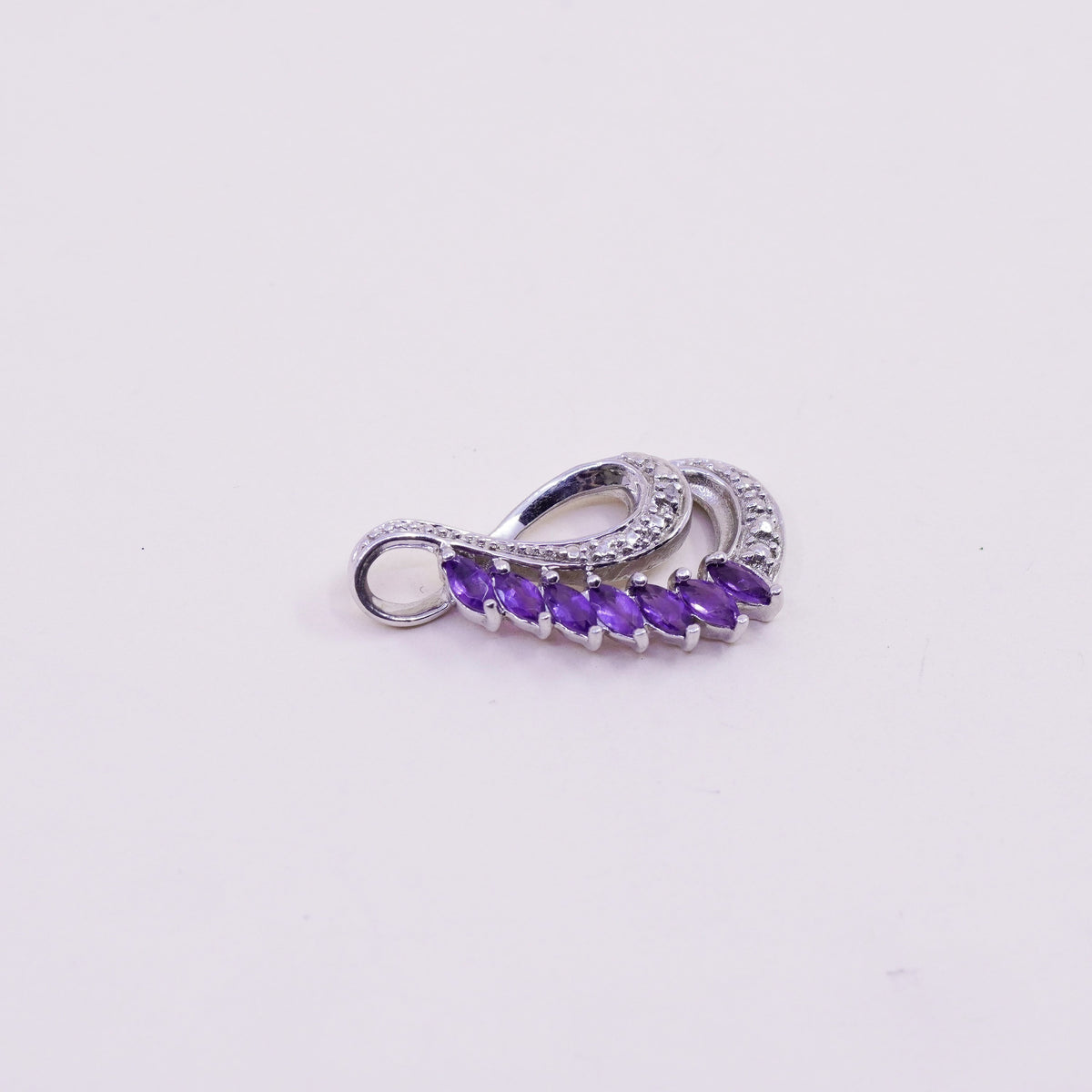 vintage sterling 925 silver teardrop pendant with amethyst and diamond