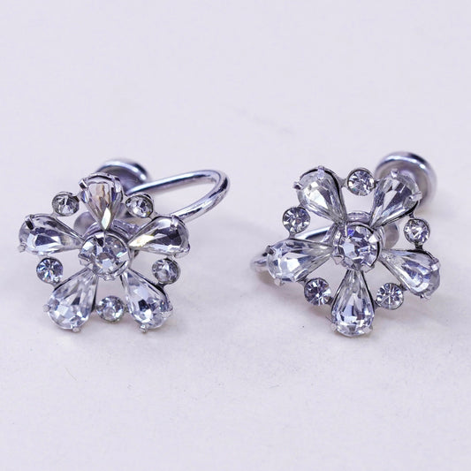 1950s vtg sterling 925 silver earrings flower screw back earrings rhinestone