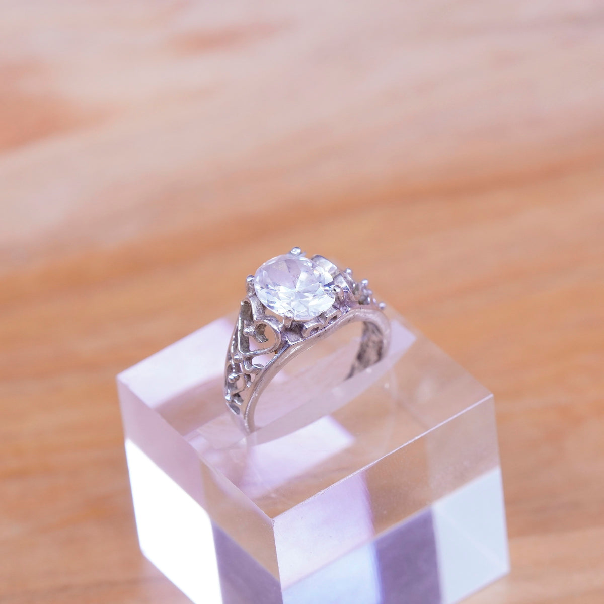 sz 7.25, kabana Sterling Silver Handmade ring, 925 filigree heart band with Cz