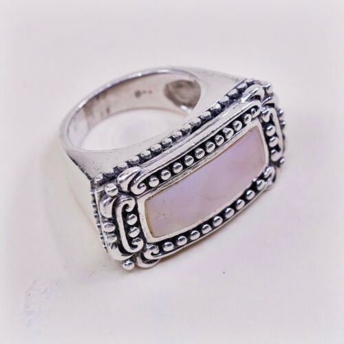 Sz 7, Vtg Statement Cocktail Sterling Silver Handmade Ring, 925 Bali W/ Pink MOP