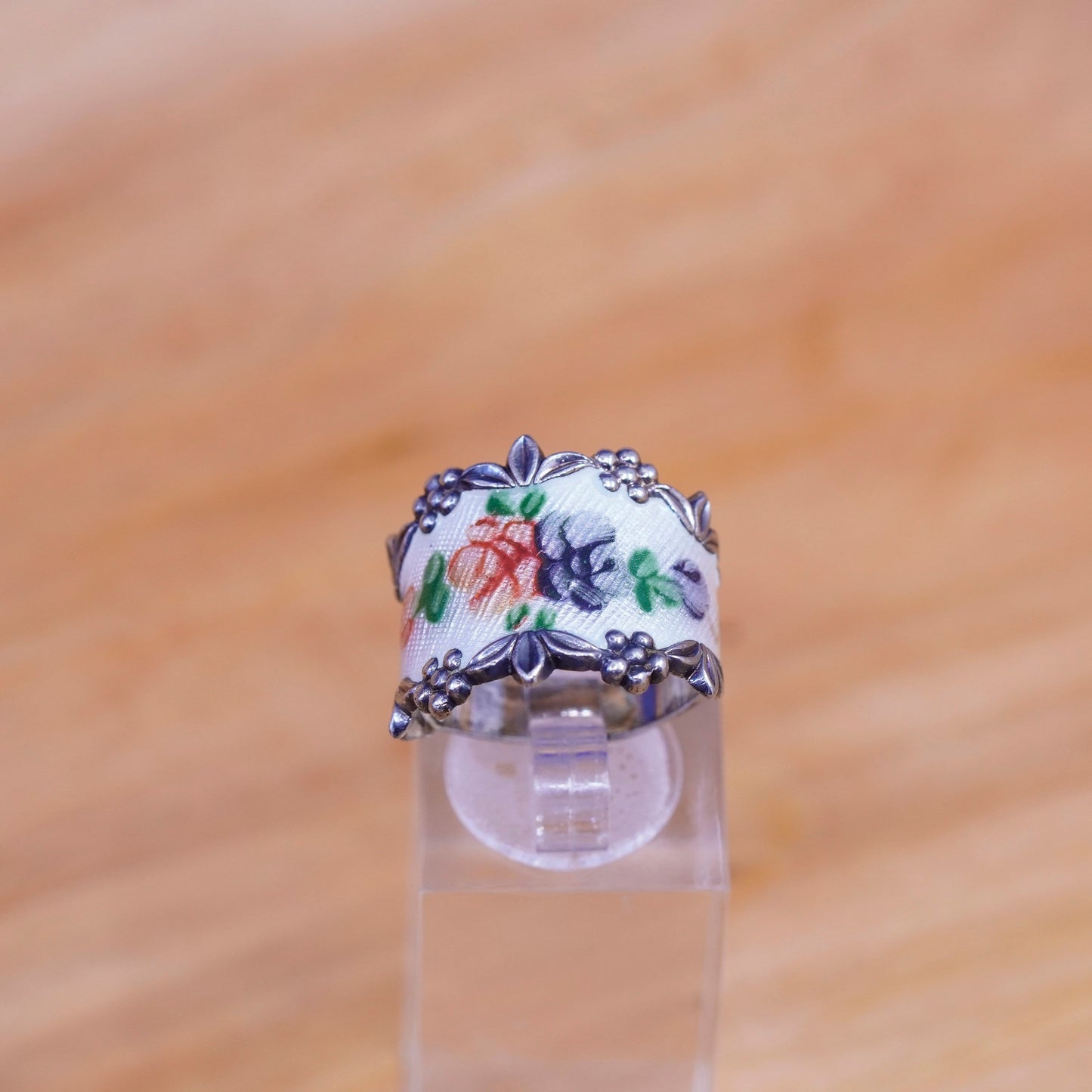 Size 7, Vintage Sterling silver handmade ring, 925 band with enamel flower