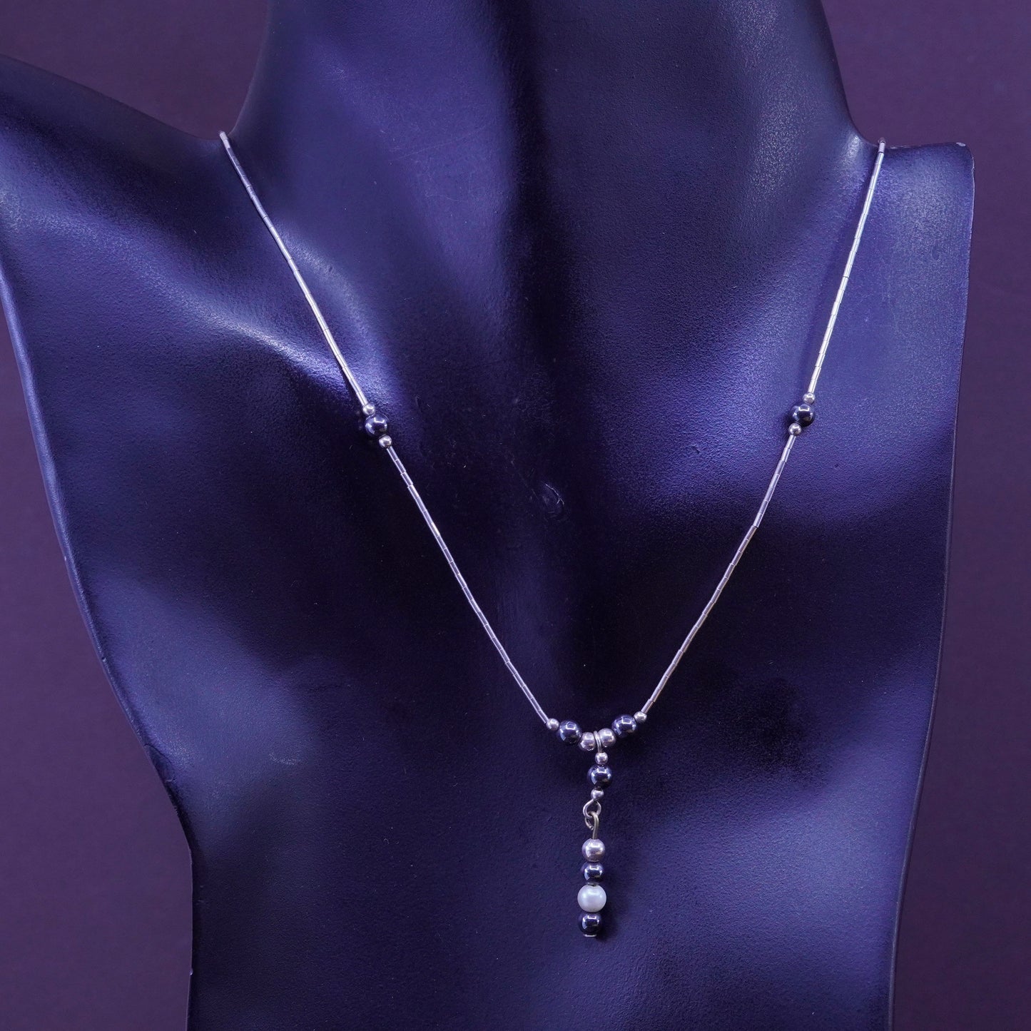 16”, vtg Sterling 925 silver handmade liquid silver chain with hematite beads
