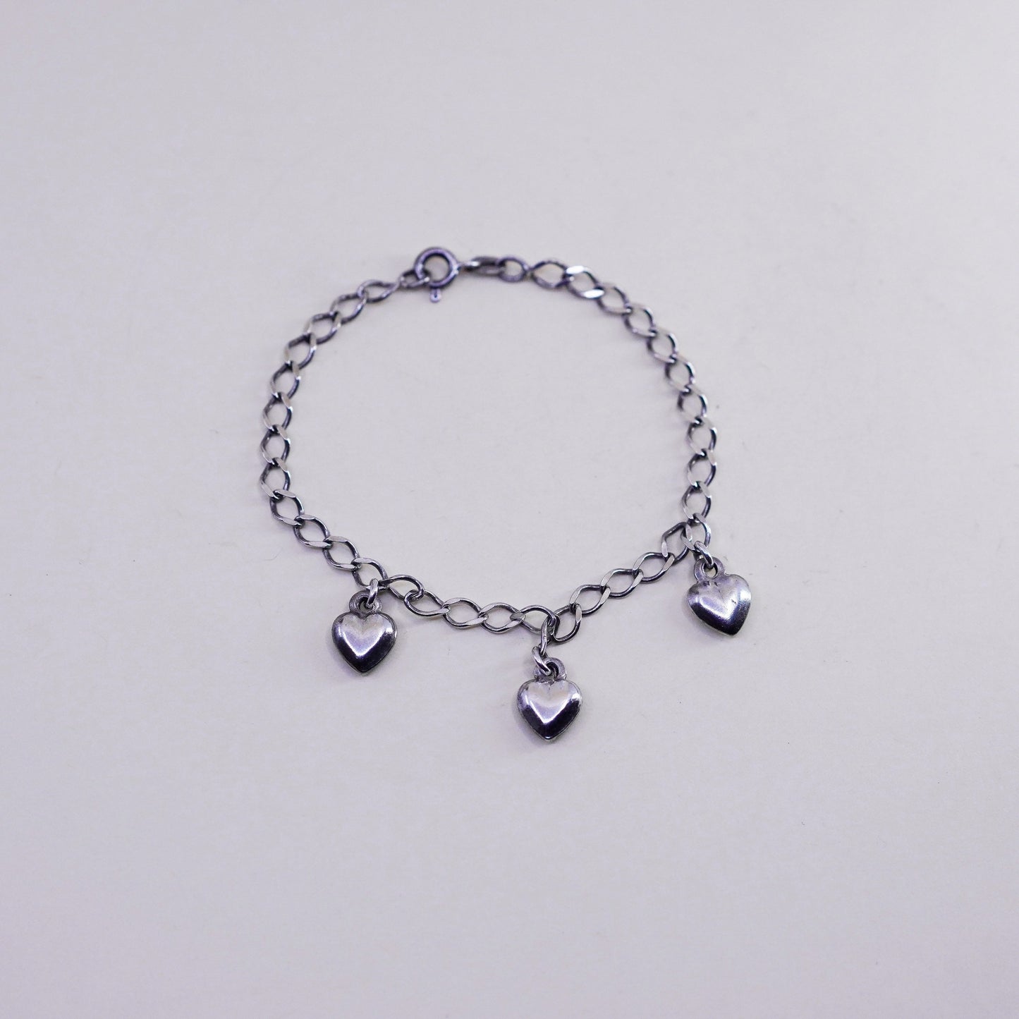 7”, 5mm, Vintage sterling silver curb bracelet, 925 chain with heart charms