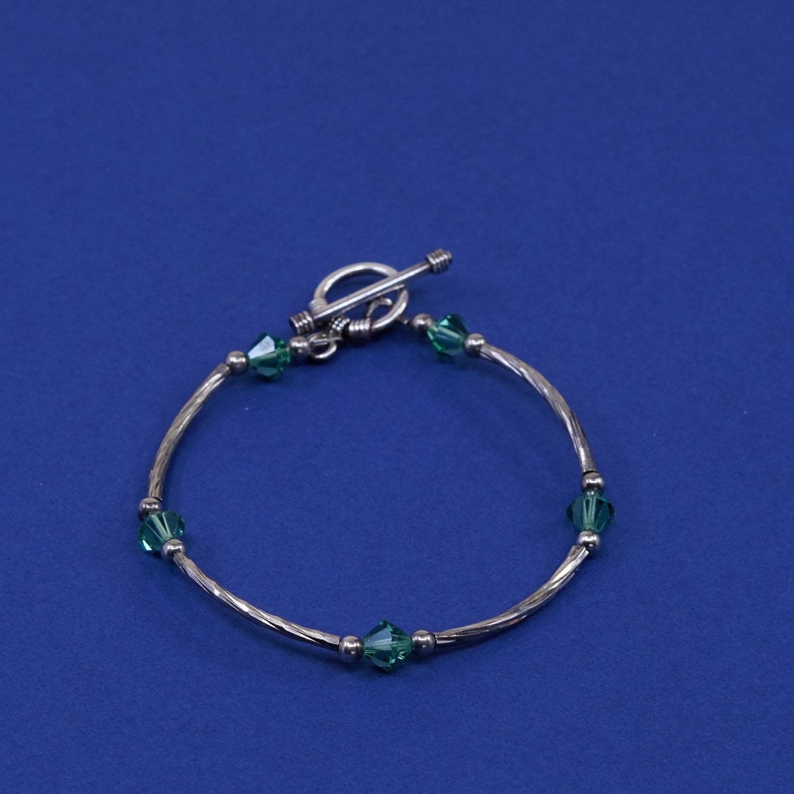 6.5", Sterling silver handmade bracelet, 925 bar tube w/ blue crystal beads