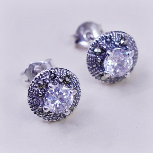 Vintage sterling 925 silver genuine cz studs, minimalist earrings and marcasite