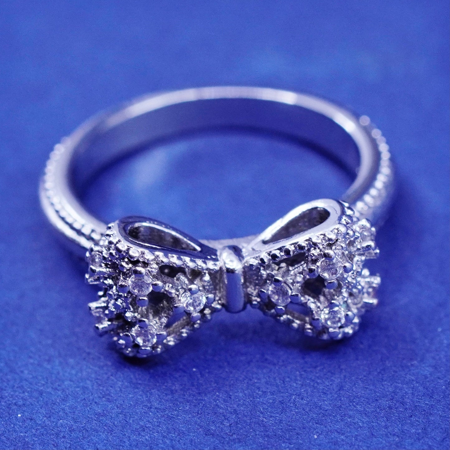 Size 5, vintage Sterling silver handmade ring, 925 bow tie ribbon ring with cz