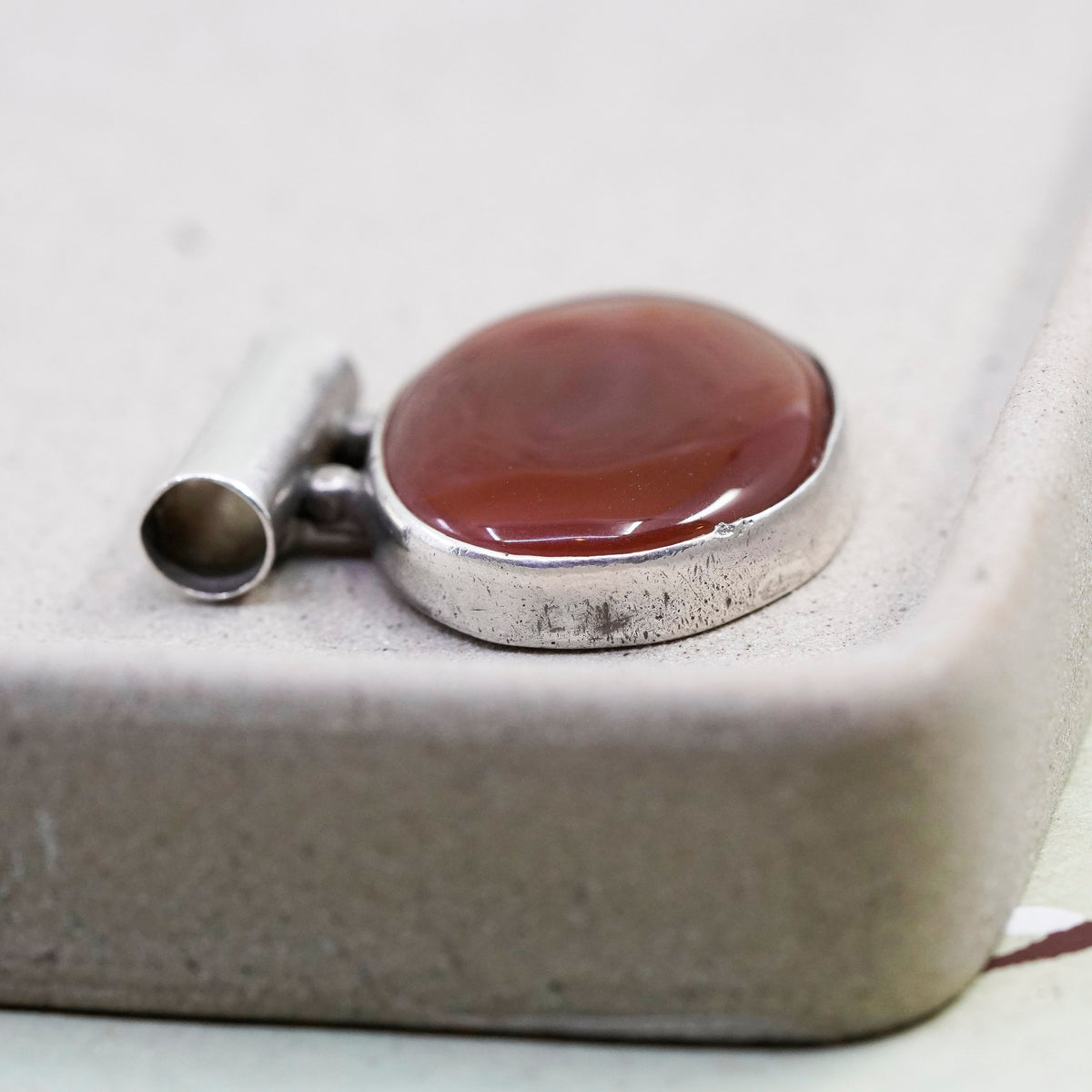 Vintage sterling silver handmade pendant, 925 oval with carnelian