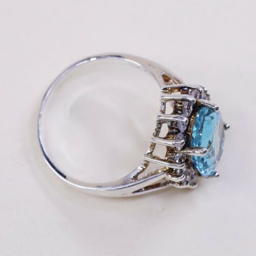 Sz 8.25, Vtg Sterling Silver Cocktail Ring, 925 W Blue topaz N Cz Around