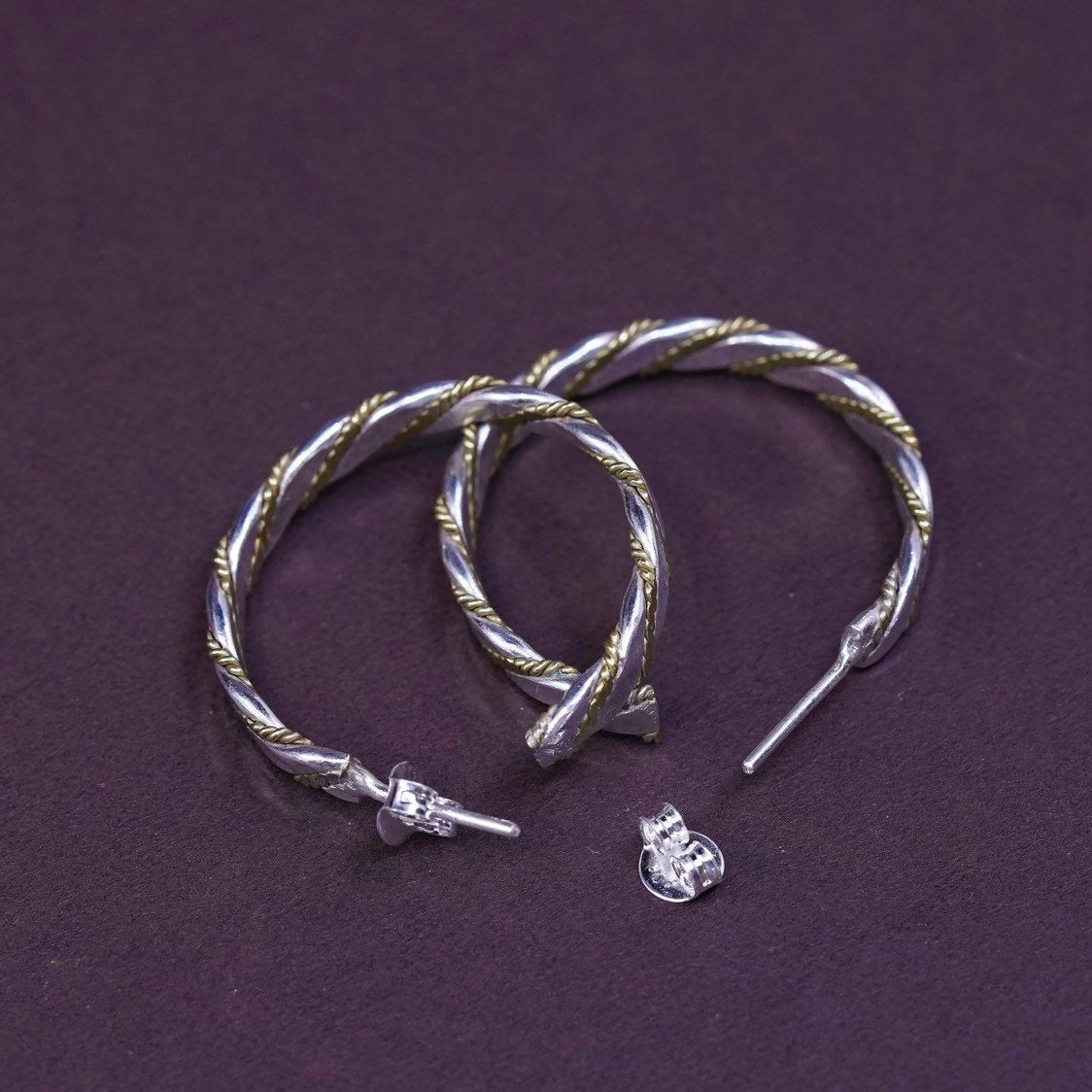1", VTG Huggie Sterling silver handmade earrings, 925 studs w/ brass cable