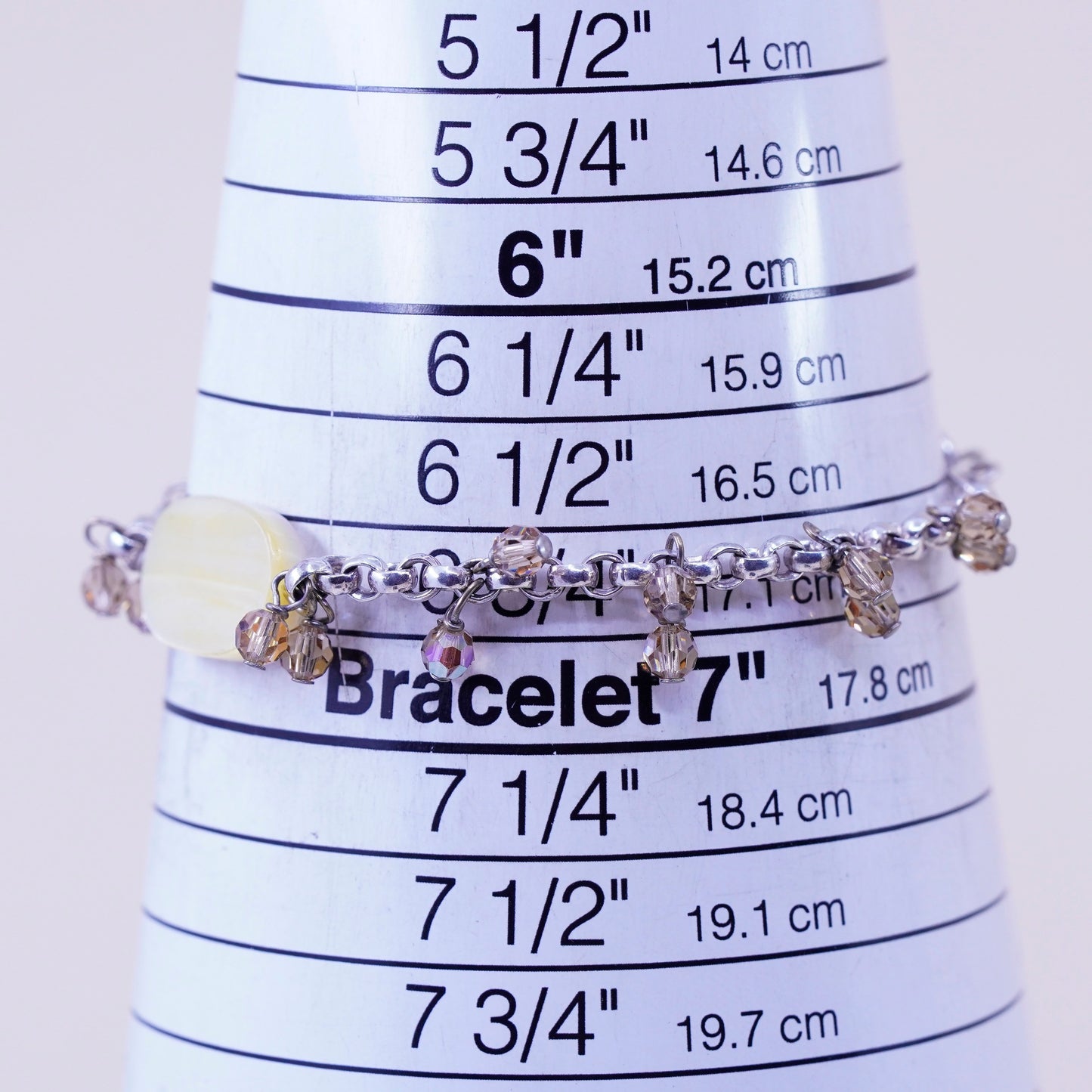 6.75”, Vintage KALAN sterling silver bracelet, 925 circle chain crystal charms