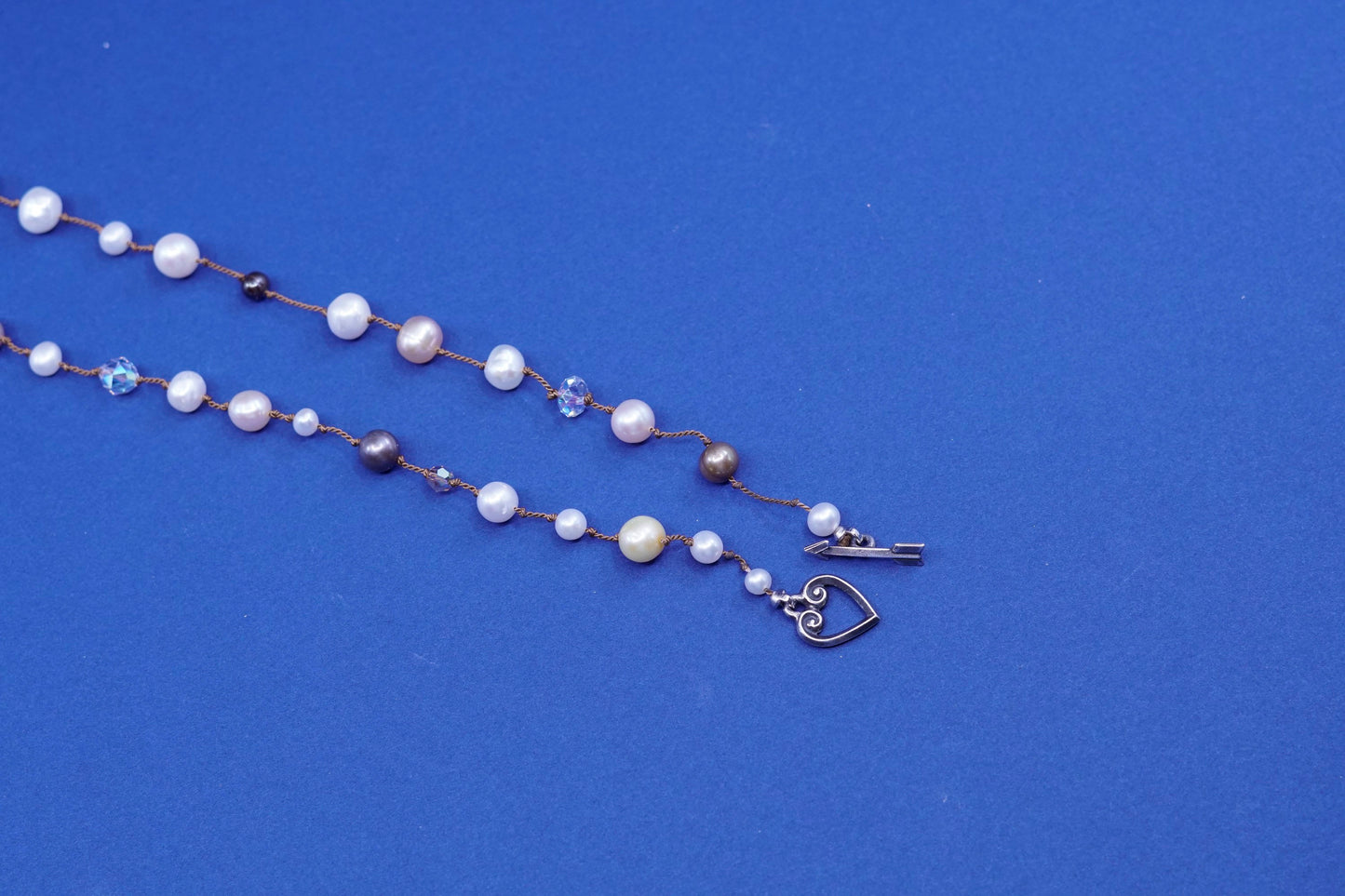 17”, Sterling silver Linen necklace, 925 heart clasp w/ pearl crystal beads