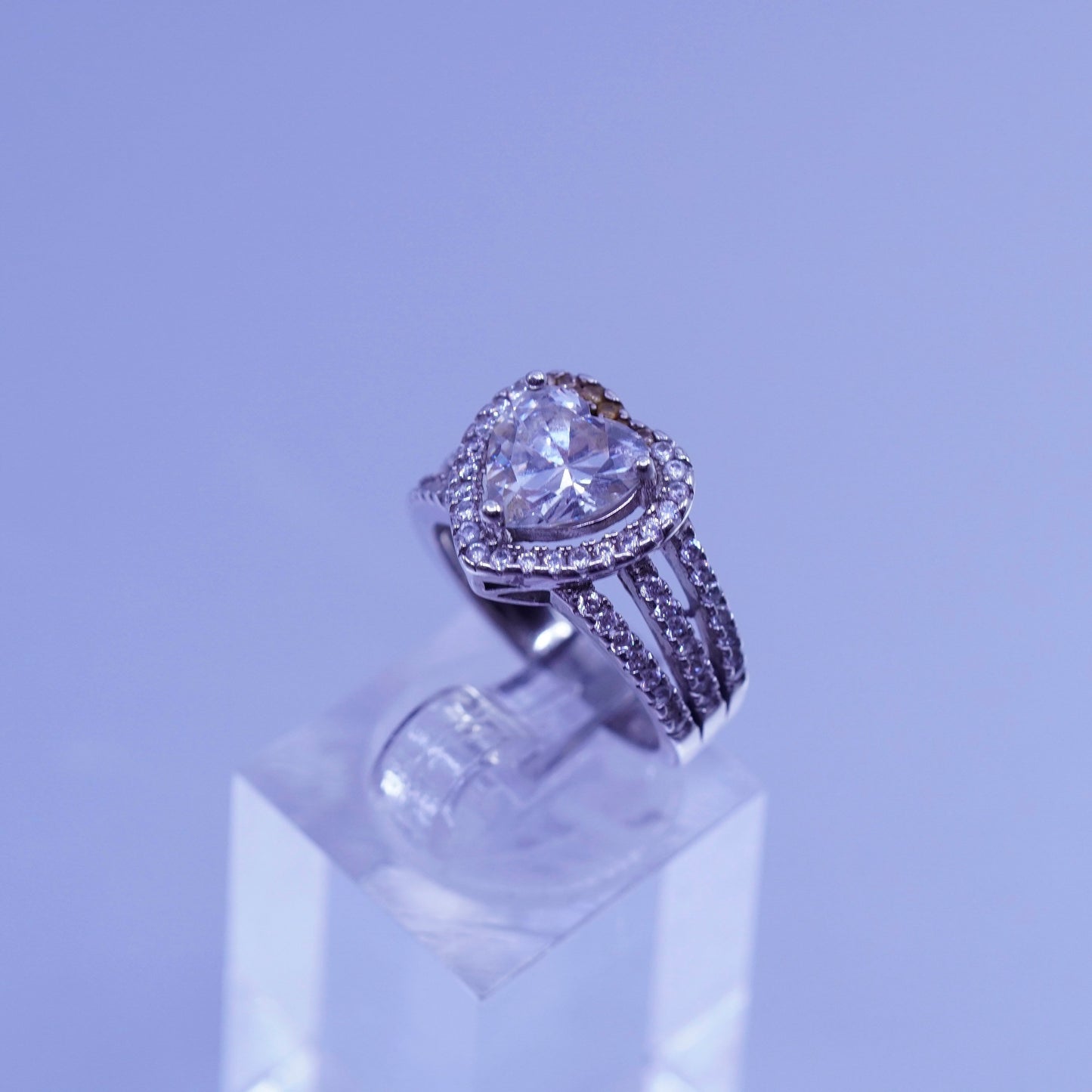 Size 5, vintage Sterling 925 silver handmade heart ring with cluster Cz