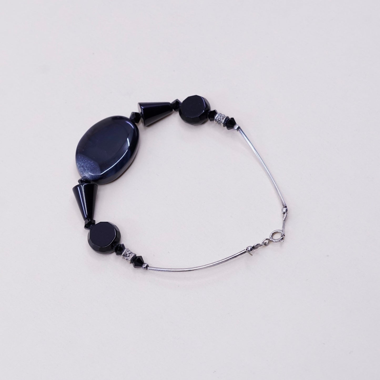 6.5”, sterling silver handmade bracelet, 925 bard with obsidian beads