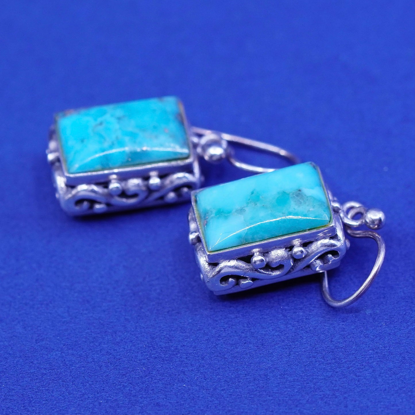 Vintage Sterling 925 silver handmade filigree bali earrings with turquoise