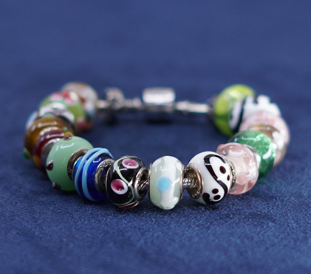 6.75", Silverado sterling 925 silver snake chain bracelet, murano glass beads