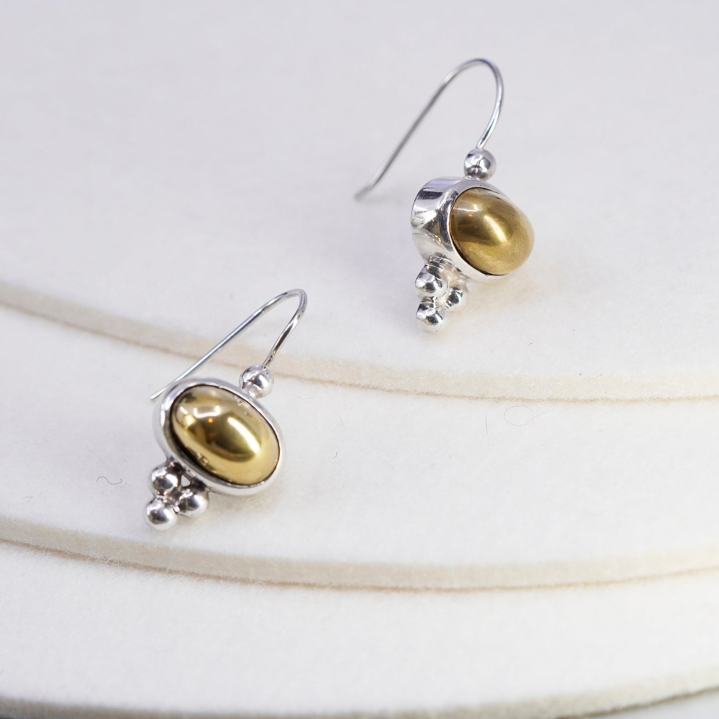 vintage Mexico Sterling silver handmade earrings, 925 dangles with brass center