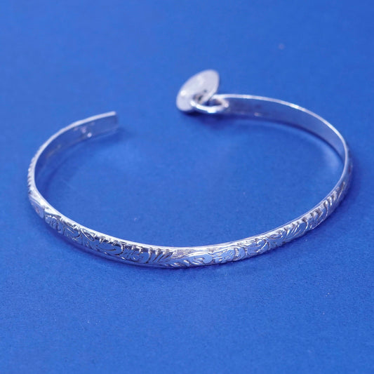 6.75”, sterling silver handmade bracelet, 925 textured cuff w/ “K” charm