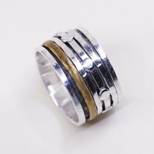 Sz 8, Vtg Two Tone Sterling Silver Handmade Ring, 925 Silver Spinner Band