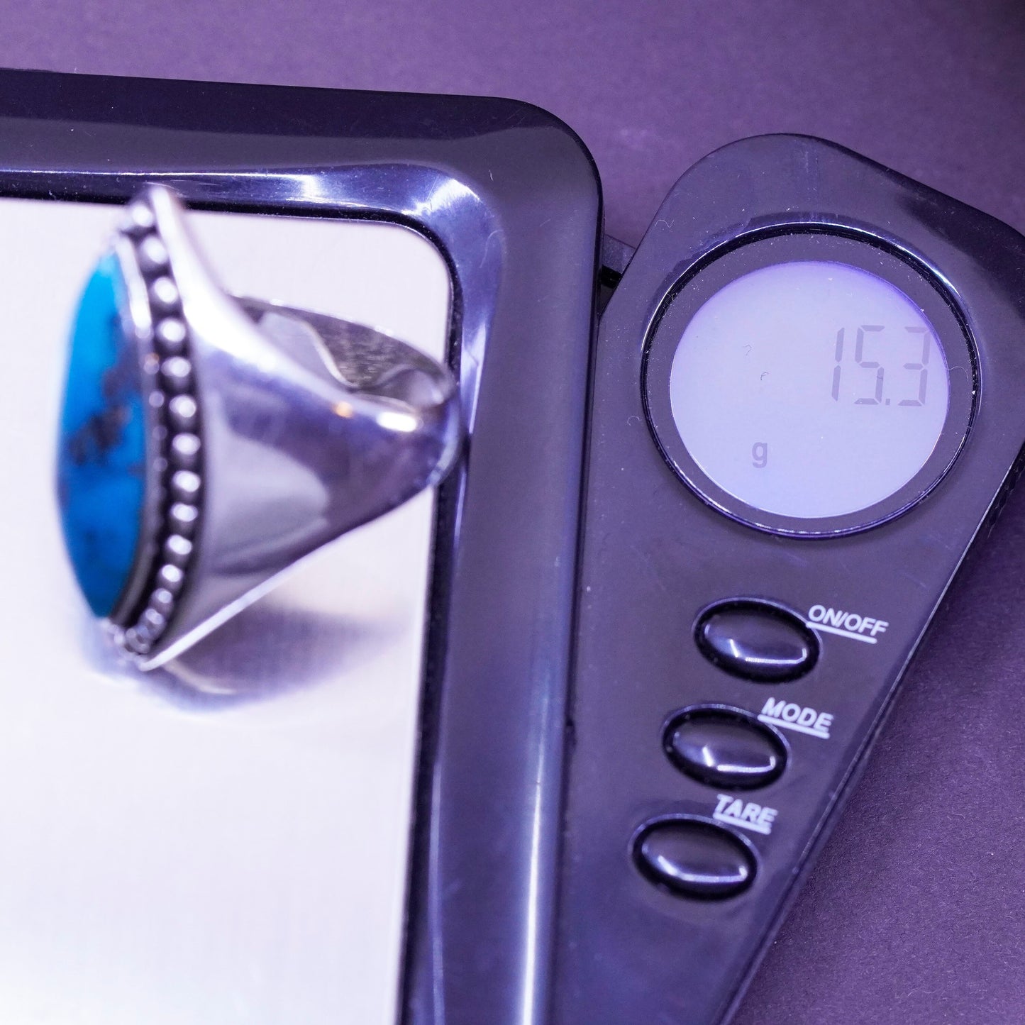 Size 9, vintage Sterling 925 silver handmade ring with marquise turquoise beads