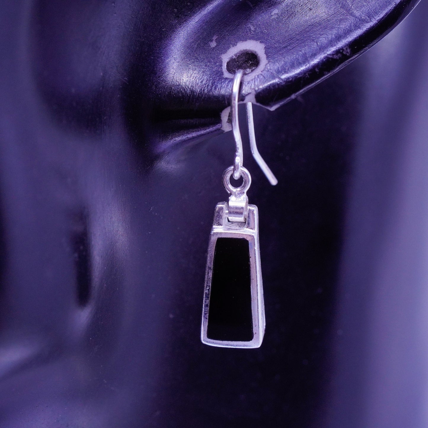 Vintage Sterling 925 silver handmade rectangular earrings with obsidian