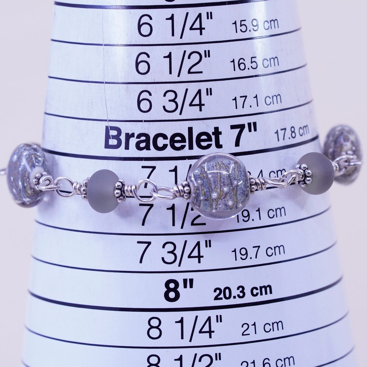 7.25”, vintage 925 Sterling 925 silver beads bracelet with artisan foiled glass