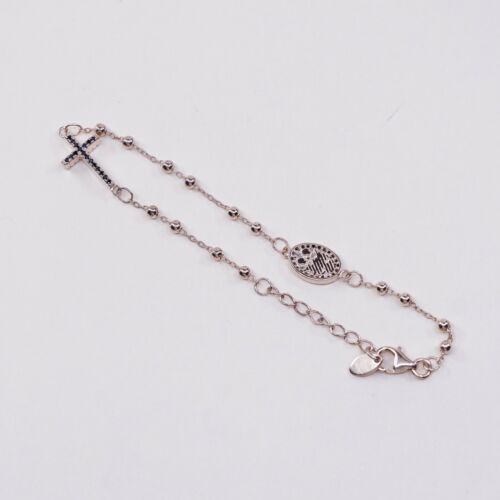 7.25”, Dyadema Vermeil Rose Gold Sterling Silver Bracelet, W/ Cross N Sapphire