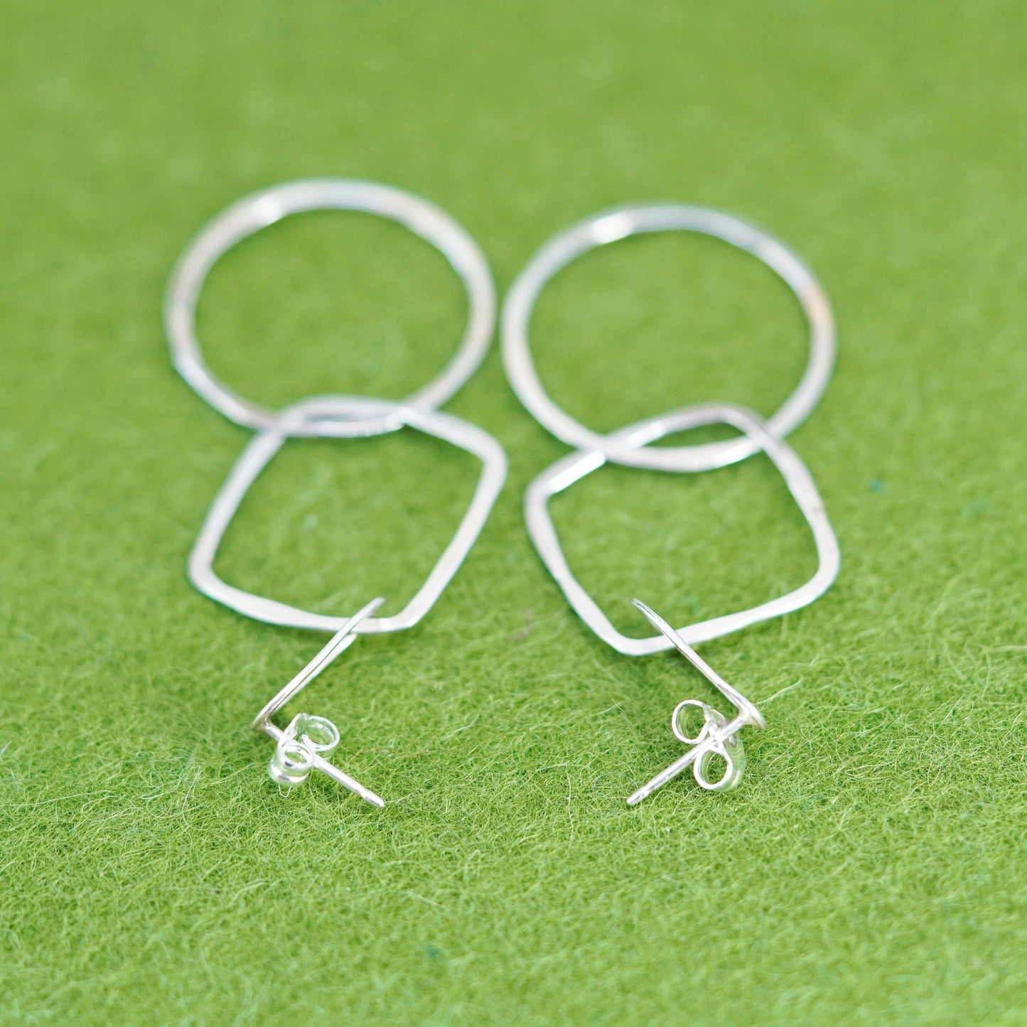 Vintage sterling silver handmade earrings, 925 circles square dangle