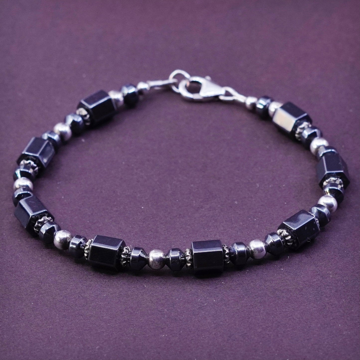 7” Vintage sterling 925 silver handmade bracelet with hematite beads