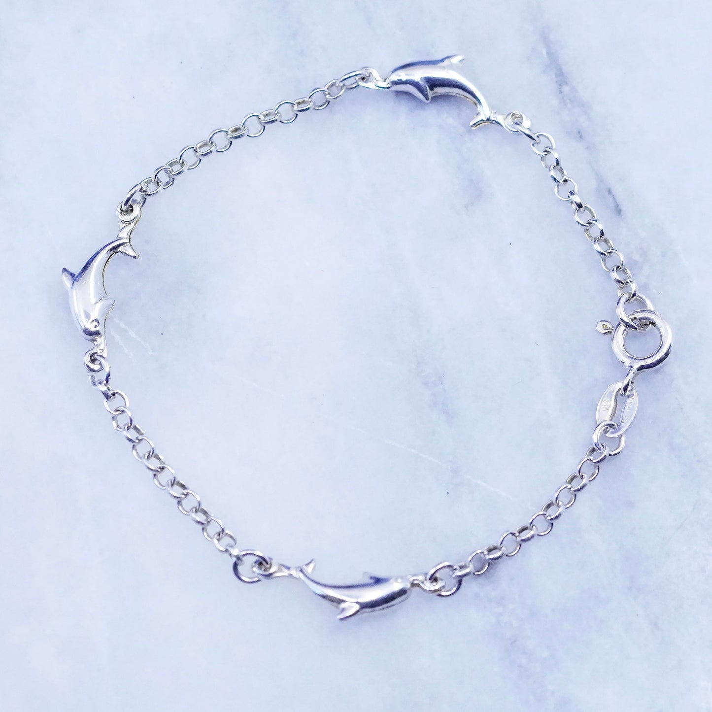 7”, vintage Sterling silver handmade bracelet, 925 circle chain dolphin charms