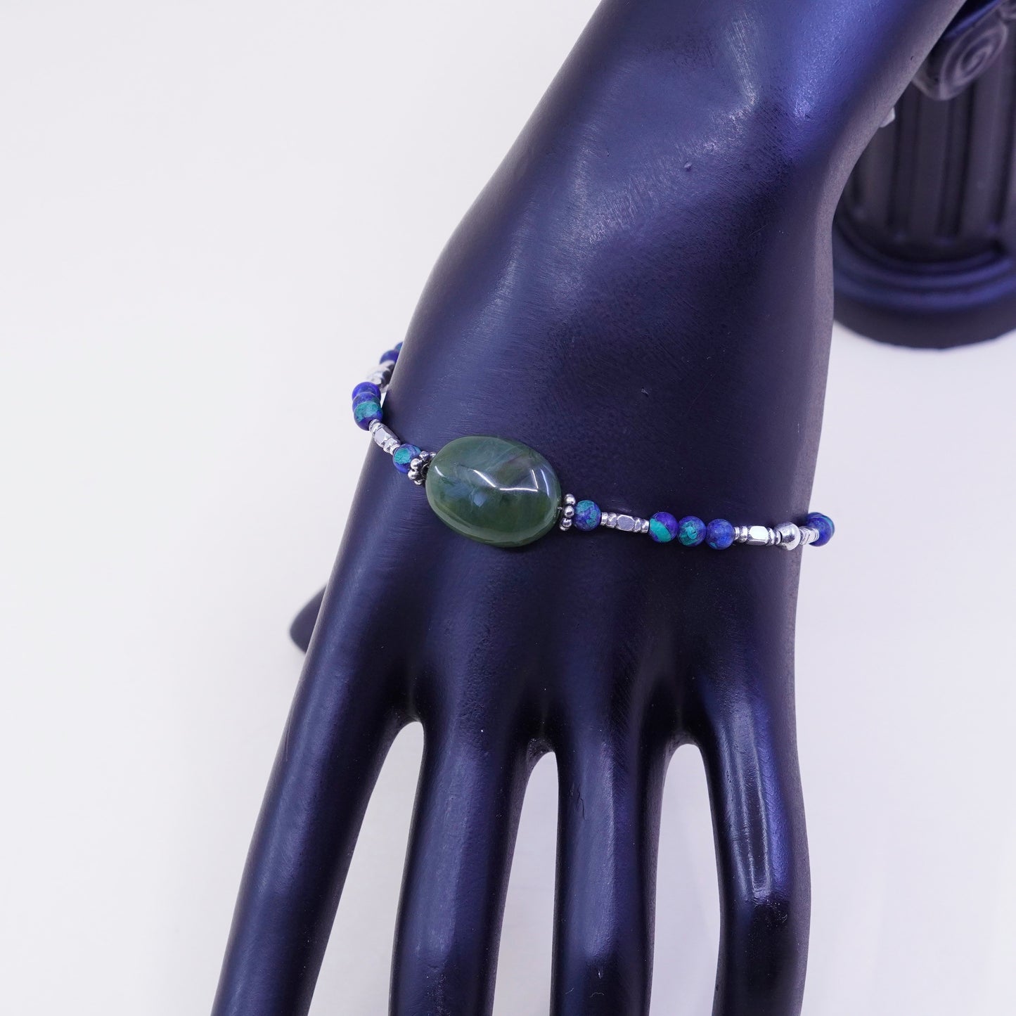 7.75”, vtg handmade bracelet, azurite malachite beads chain sterling 925 silver
