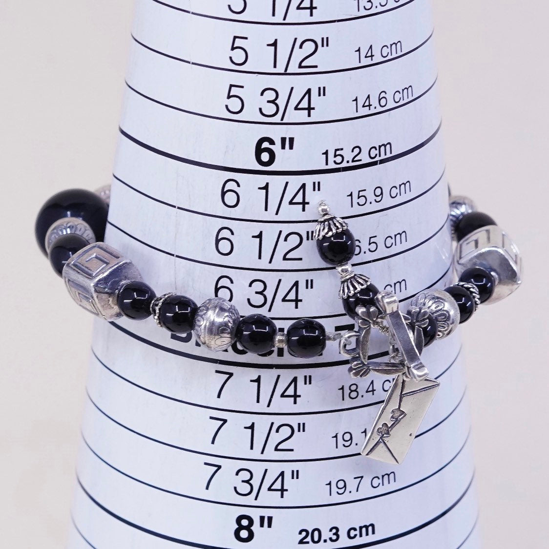 7", Sterling silver bracelet, Mexico 925 w/ obsidian beads N love letter charm
