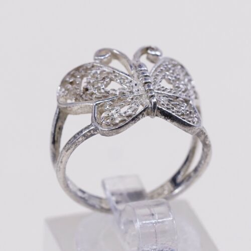 Size 6.75, Vtg Sterling Silver Handmade Ring, 925 Band W/ Filigree Butterfly