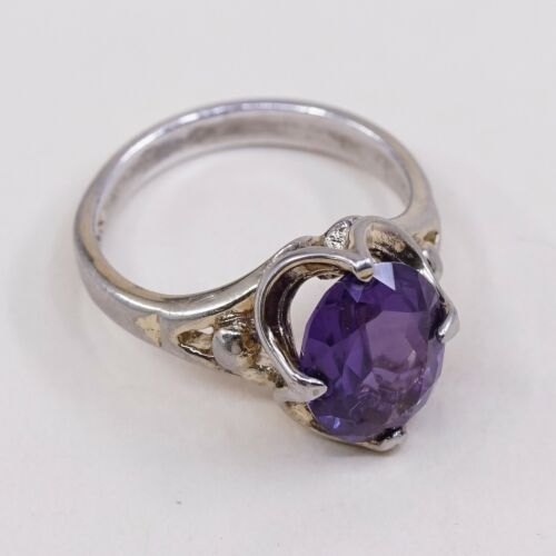 Sz 5, Vtg Sterling silver handmade ring, Engagement 925 W/ Oval Amethyst