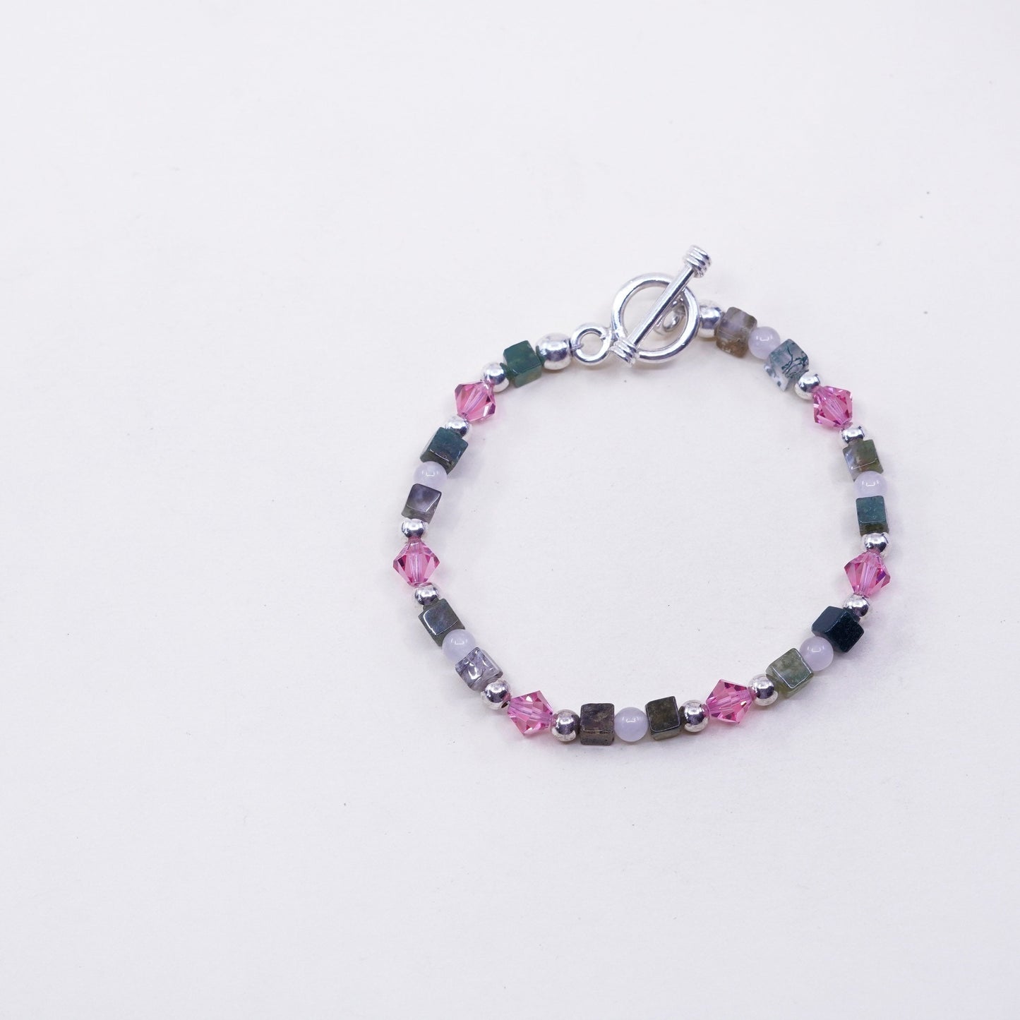 6.75”, Vintage handmade bracelet with sterling 925 silver jade quartz beads