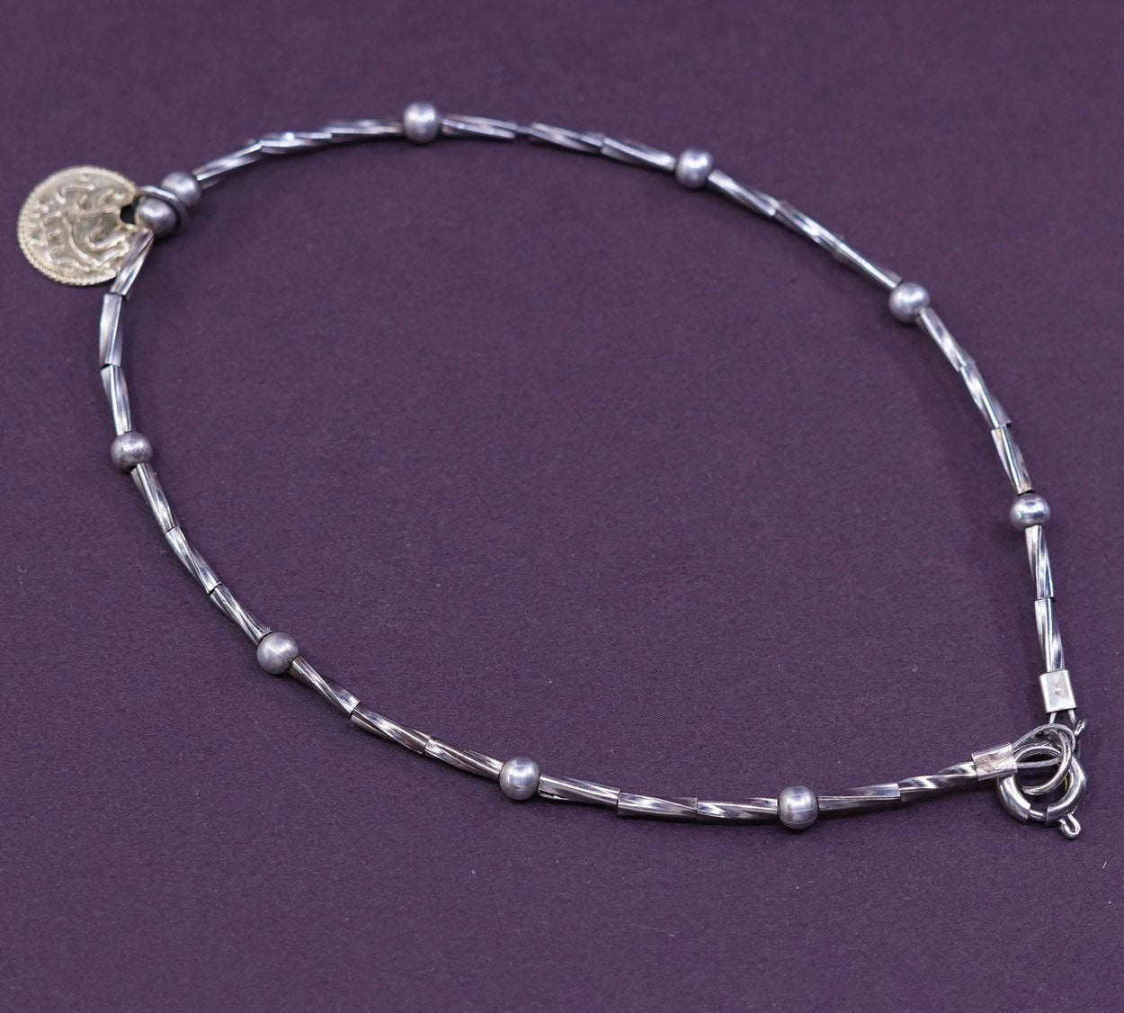 8.75", vtg Sterling silver bracelet, Italy 925 bar w/ beads chain gold charm