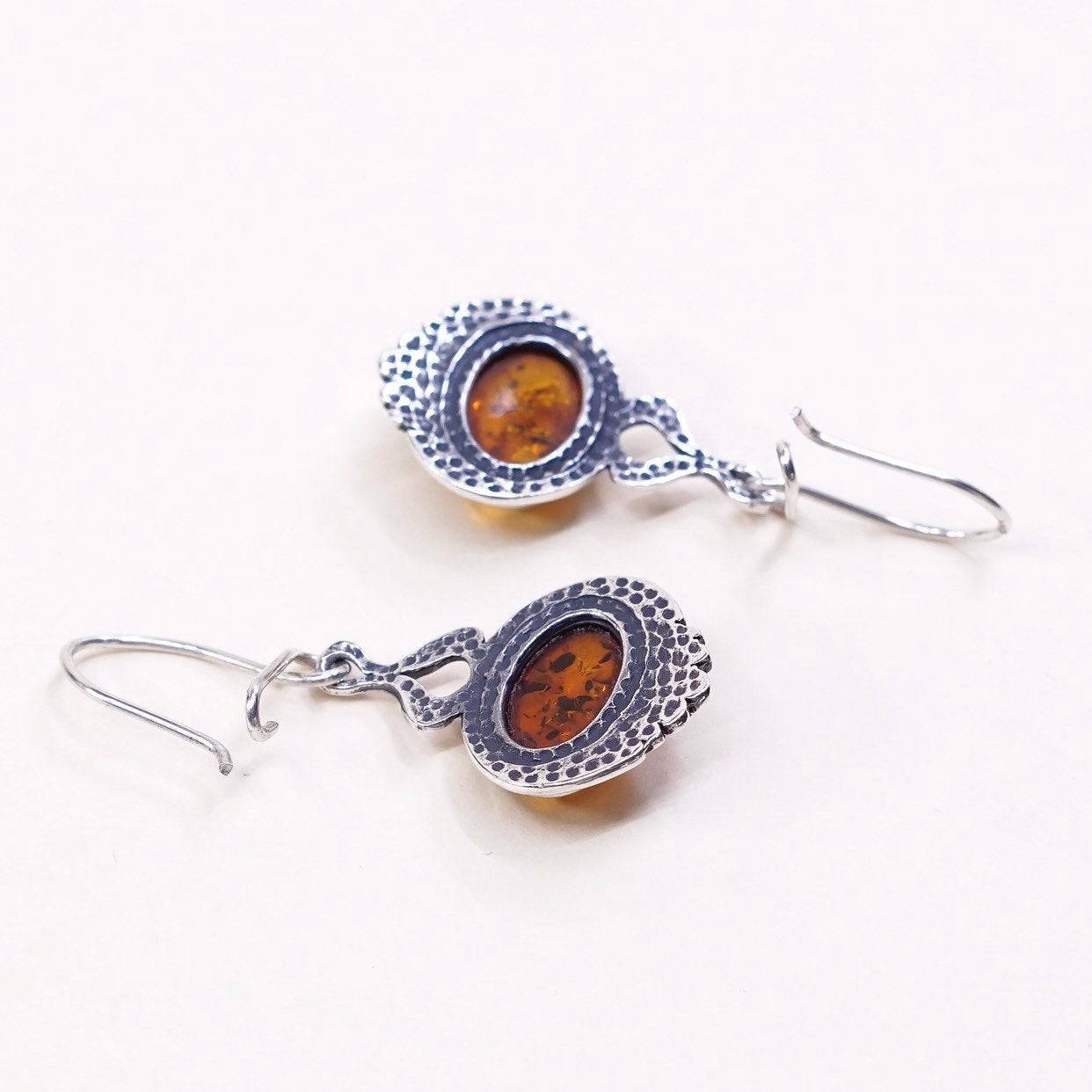 Sterling 925 silver handmade earrings w/ amber inlay, silver tested