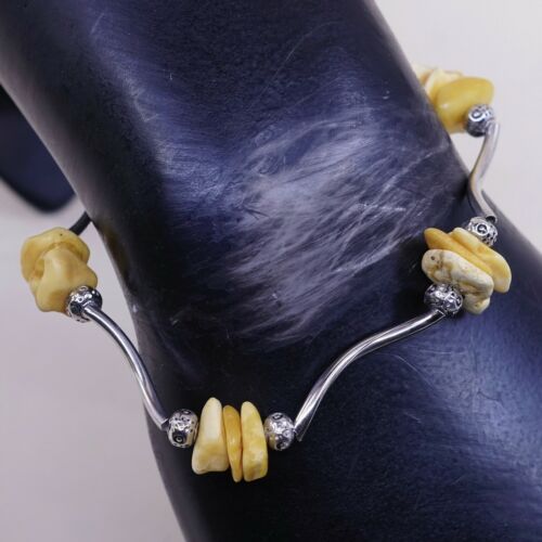 7.25”, Vtg Sterling 925 Silver Handmade Wavy Bar Bracelet W/ Amber Bead