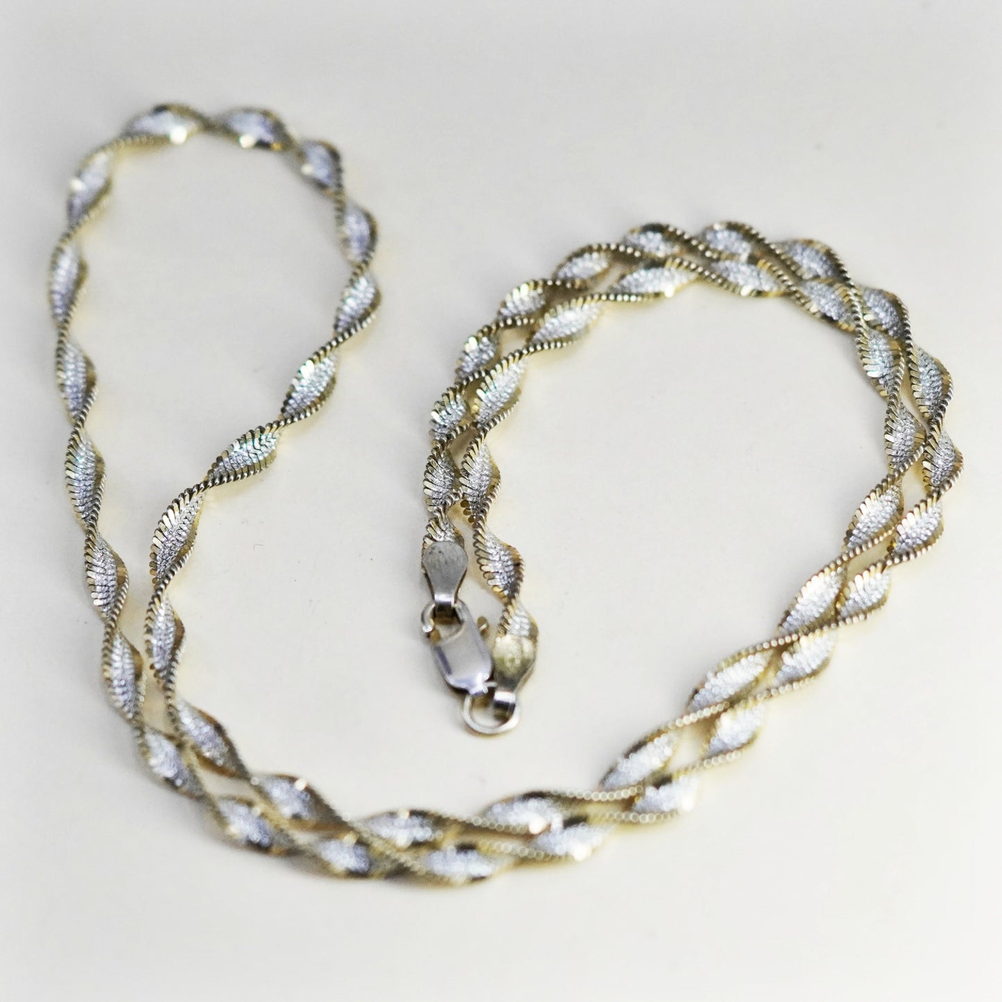 18”, two tone Sterling silver necklace glittering 925 twisted herringbone chain