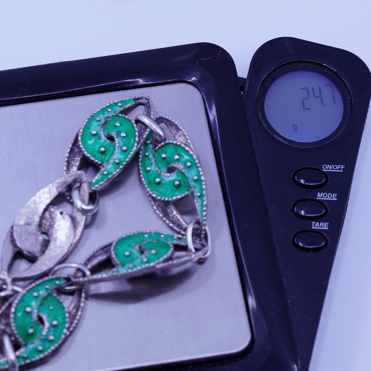 7”, Vintage Sterling 800 silver handmade bracelet, green enamel tornado links