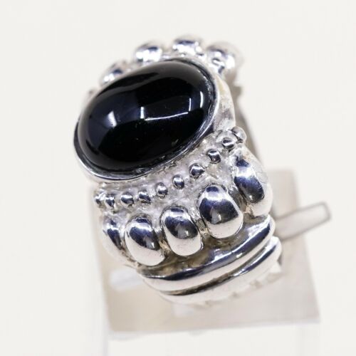 Sz 6.5, Vtg Sterling Silver Handmade Ring, 925 Band W Obsidian N Bali Beads