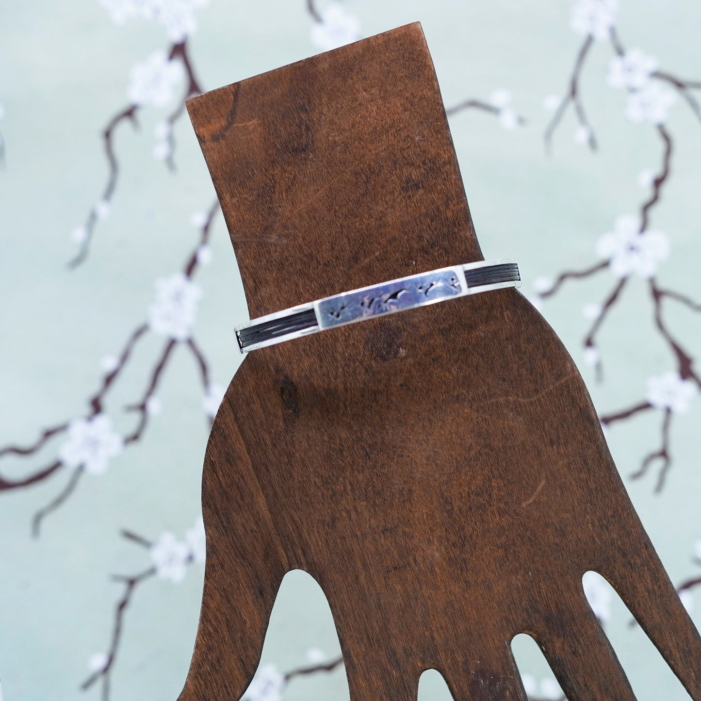 7.25”, vintage Sterling silver bracelet, modern minimalist 925 cuff w/ leather