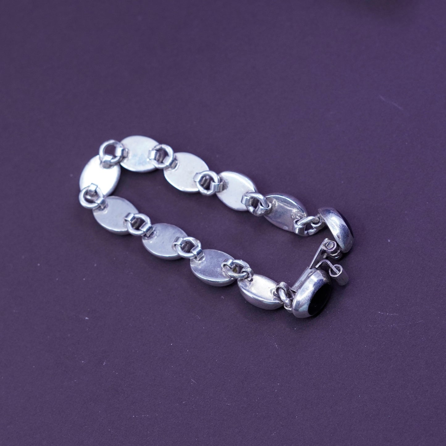 7”, vintage Sterling silver handmade bracelet, Mexico 925 with oval obsidian