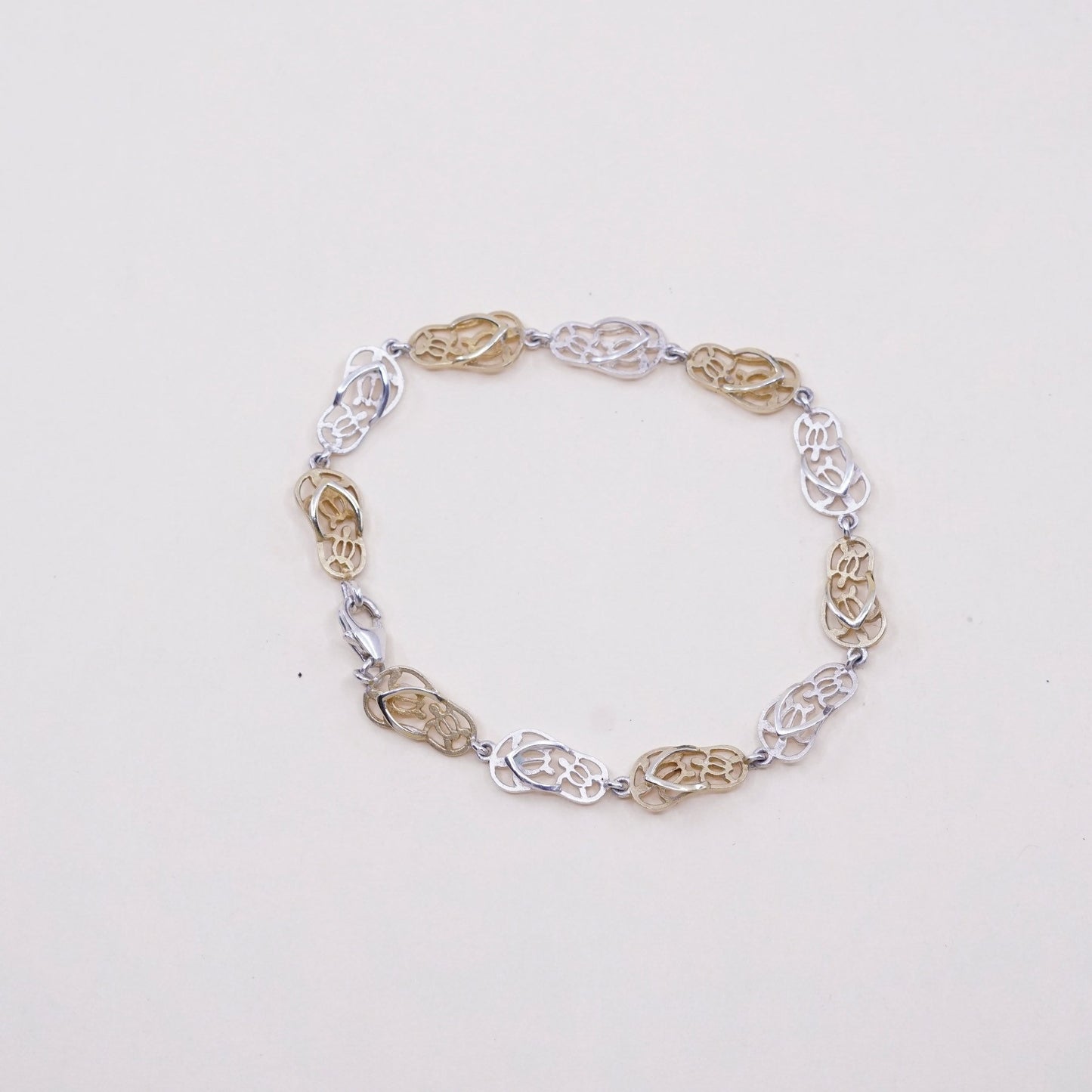 5.5”, vintage two tone sterling 925 silver handmade sandal flip flop bracelet